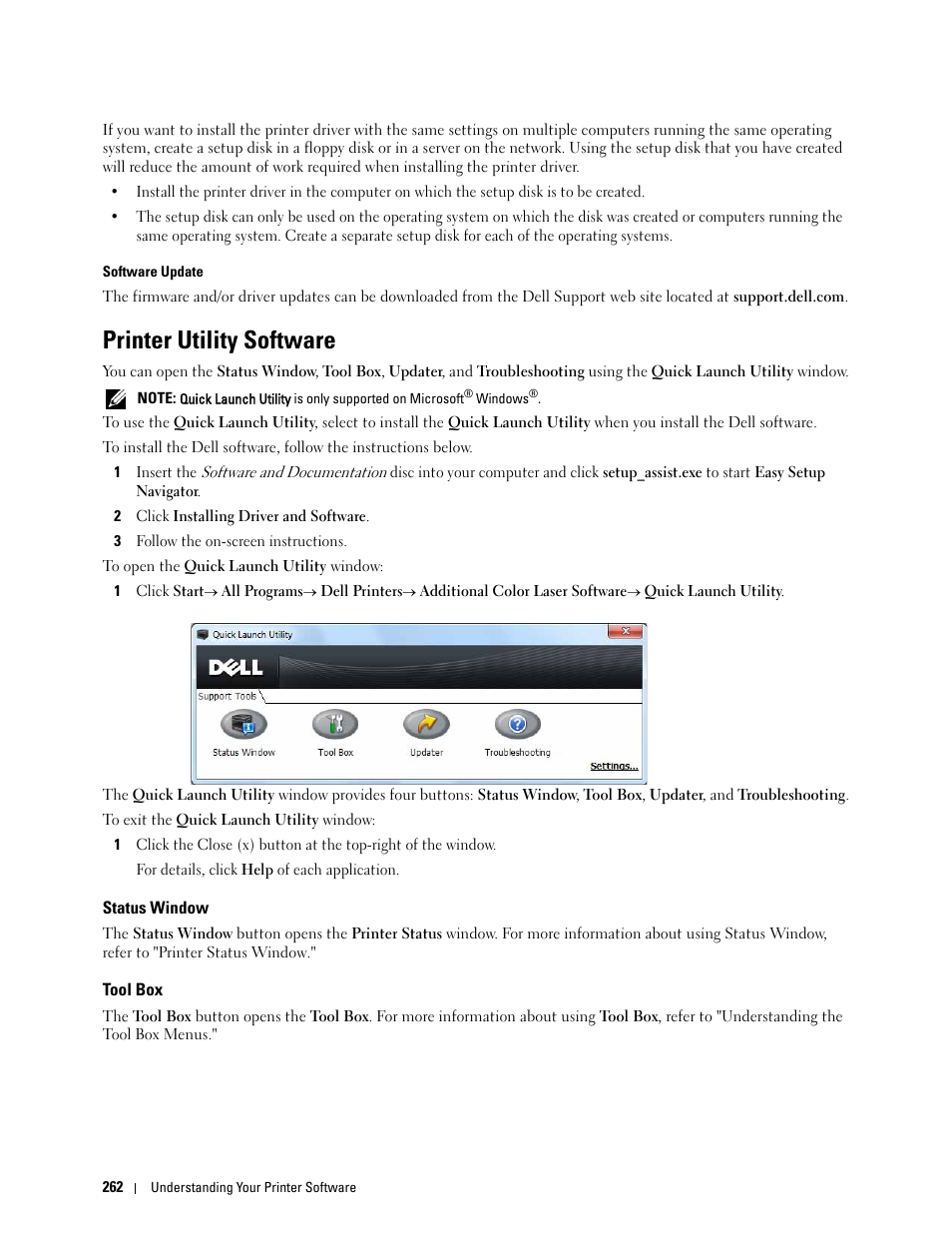 Printer utility software, Status window, Tool box | Dell C3760n Color Laser Printer User Manual | Page 264 / 412