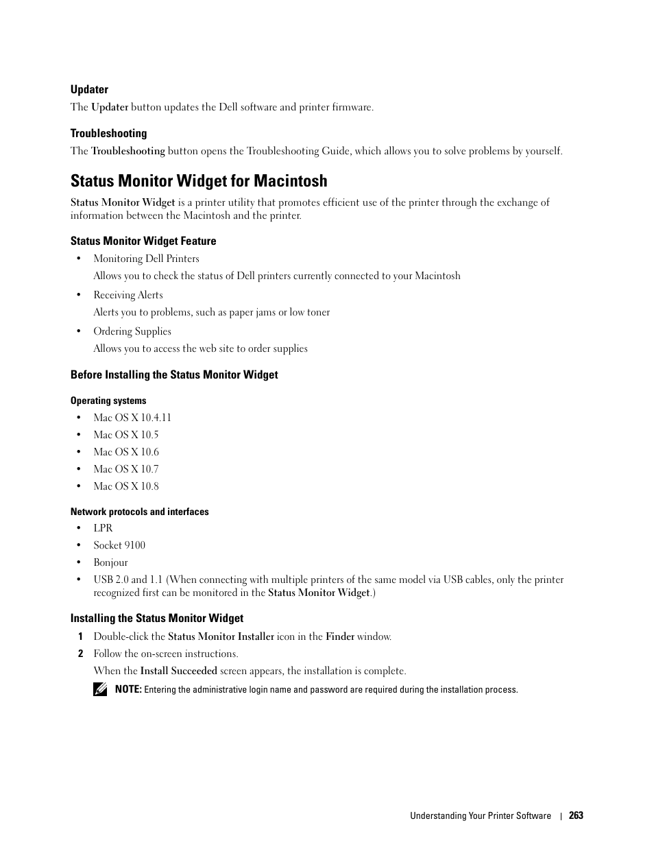 Updater, Troubleshooting, Status monitor widget for macintosh | Status monitor widget feature, Before installing the status monitor widget, Installing the status monitor widget | Dell C3760n Color Laser Printer User Manual | Page 265 / 412