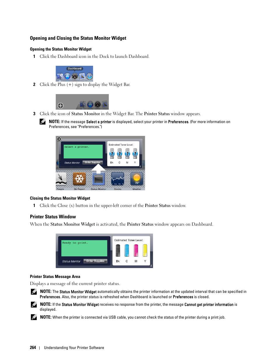 Opening and closing the status monitor widget, Printer status window | Dell C3760n Color Laser Printer User Manual | Page 266 / 412