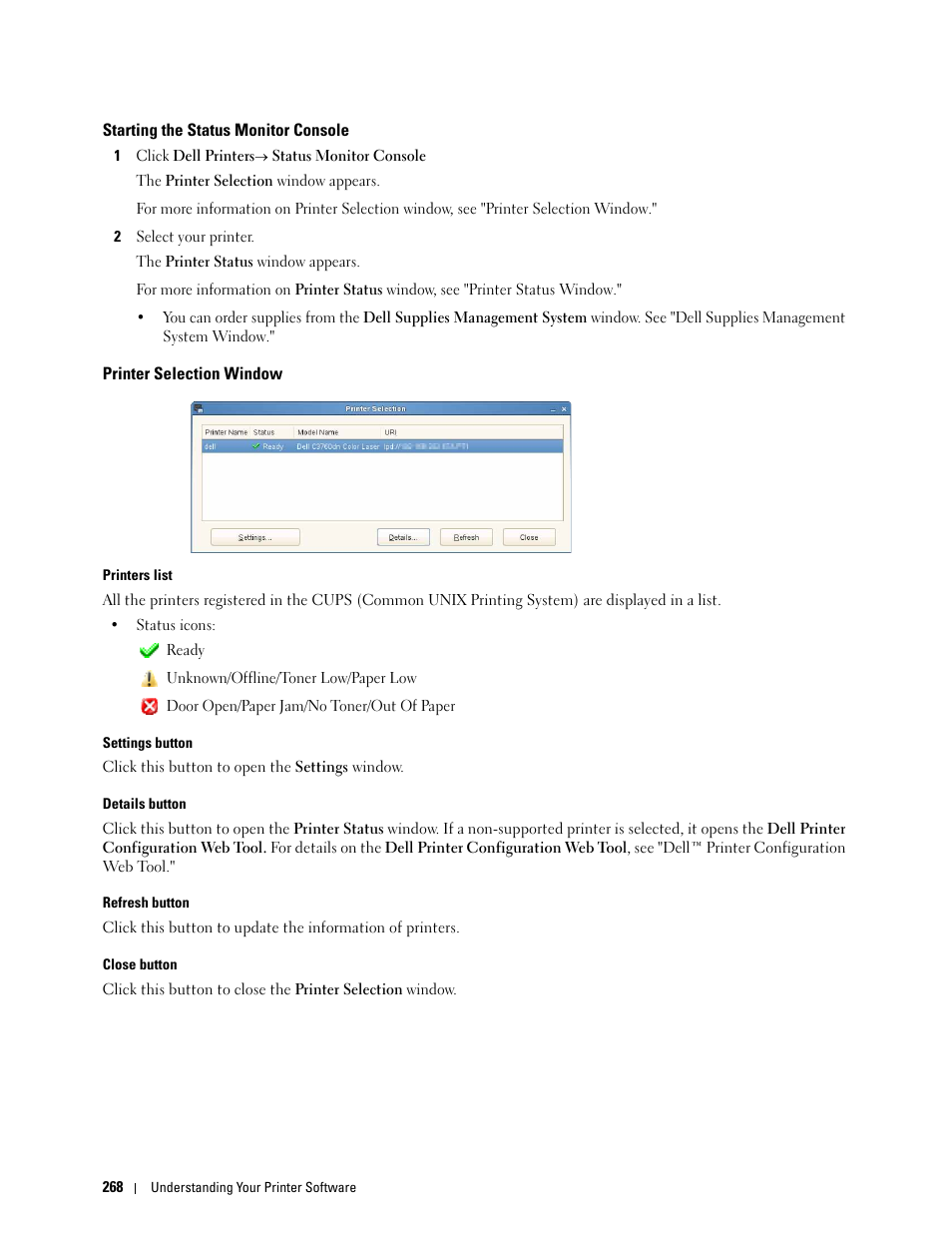 Starting the status monitor console, Printer selection window | Dell C3760n Color Laser Printer User Manual | Page 270 / 412