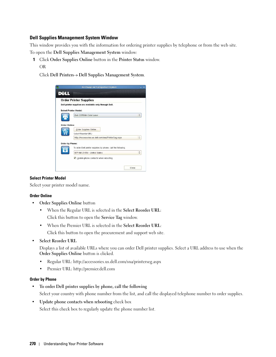 Dell supplies management system window, Dell supplies management, System window | Dell C3760n Color Laser Printer User Manual | Page 272 / 412