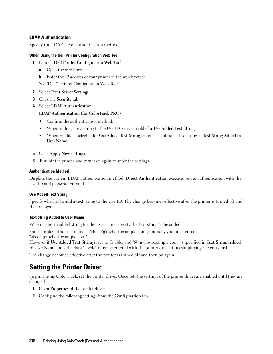 Ldap authentication, Setting the printer driver | Dell C3760n Color Laser Printer User Manual | Page 280 / 412