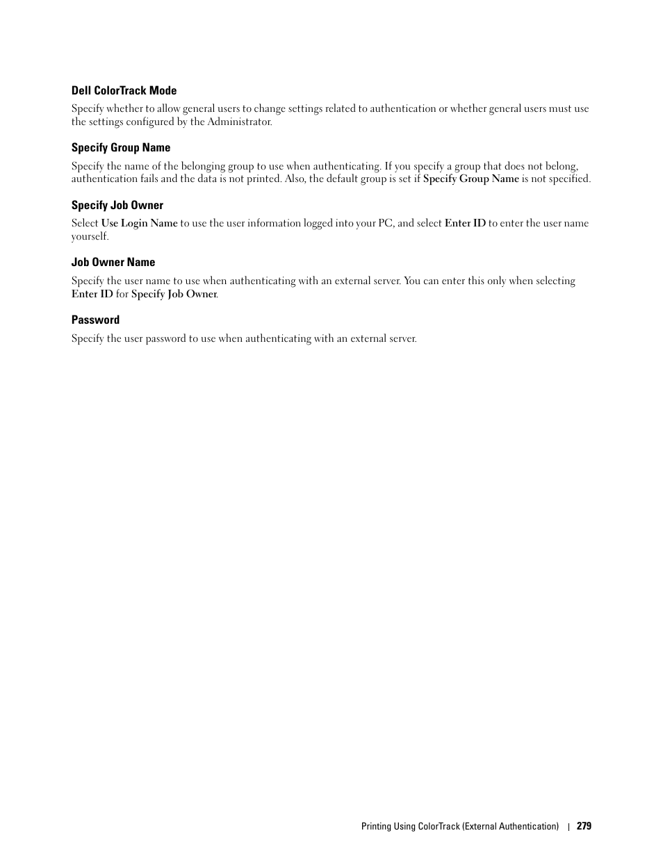Dell colortrack mode, Specify group name, Specify job owner | Job owner name, Password | Dell C3760n Color Laser Printer User Manual | Page 281 / 412