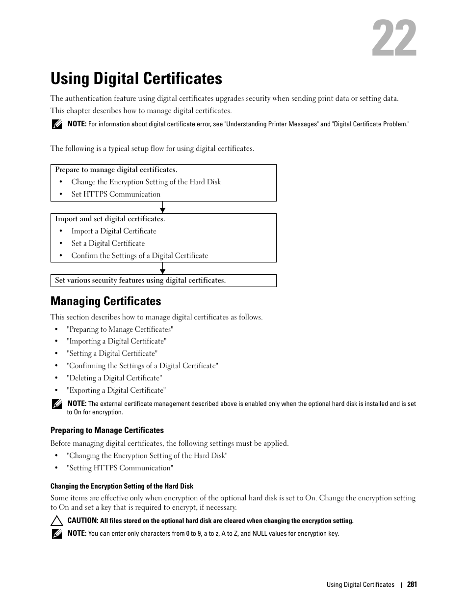 Using digital certificates, Managing certificates, Preparing to manage certificates | See "using digital, Certificates, 22 using digital certificates | Dell C3760n Color Laser Printer User Manual | Page 283 / 412