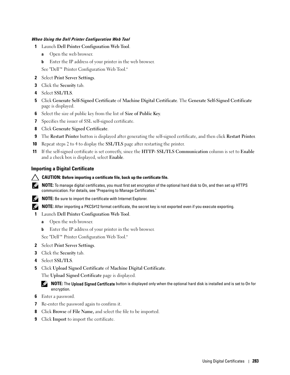 Importing a digital certificate | Dell C3760n Color Laser Printer User Manual | Page 285 / 412