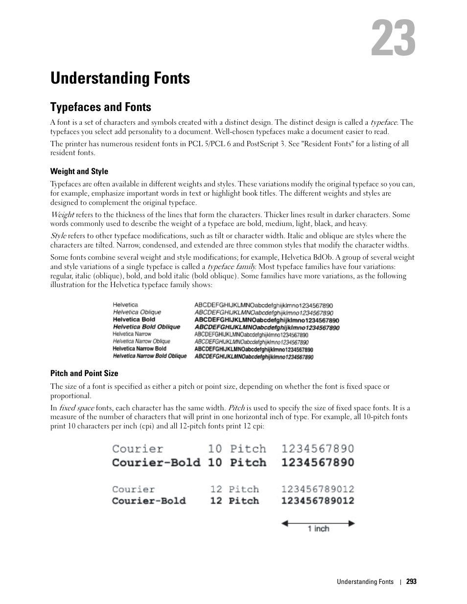 Understanding fonts, Typefaces and fonts, Weight and style | Pitch and point size, 23 understanding fonts | Dell C3760n Color Laser Printer User Manual | Page 295 / 412