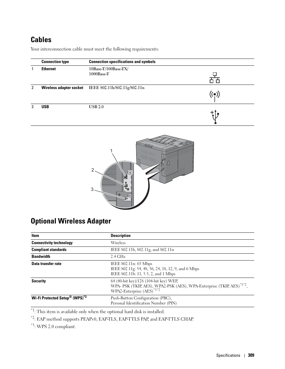 Cables, Optional wireless adapter | Dell C3760n Color Laser Printer User Manual | Page 311 / 412