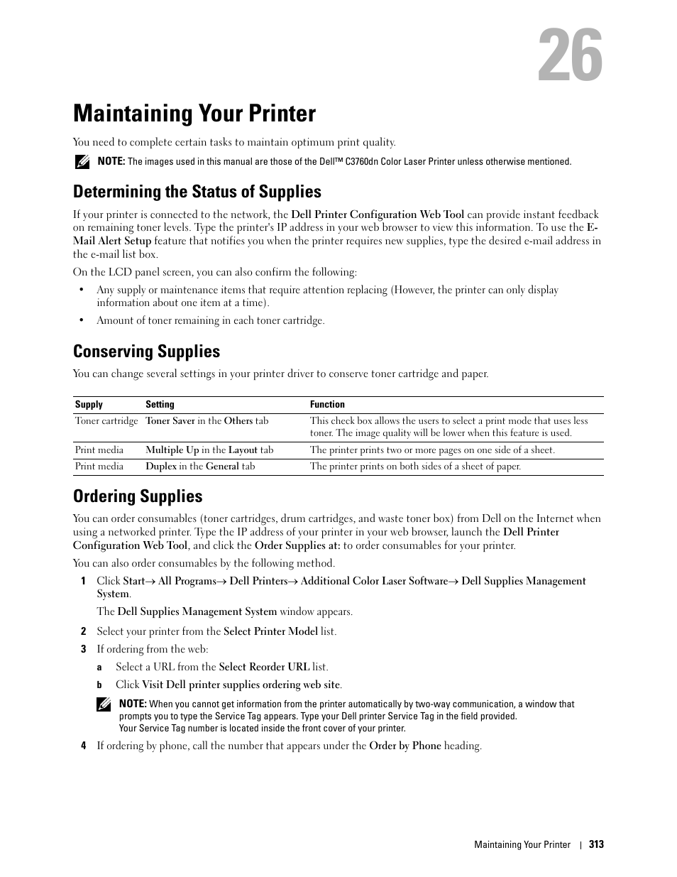 Maintaining your printer, Determining the status of supplies, Conserving supplies | Ordering supplies, Multiple up in the layout tab (n-up print | Dell C3760n Color Laser Printer User Manual | Page 315 / 412