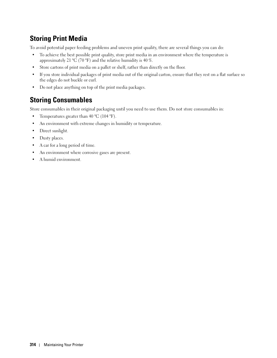 Storing print media, Storing consumables | Dell C3760n Color Laser Printer User Manual | Page 316 / 412