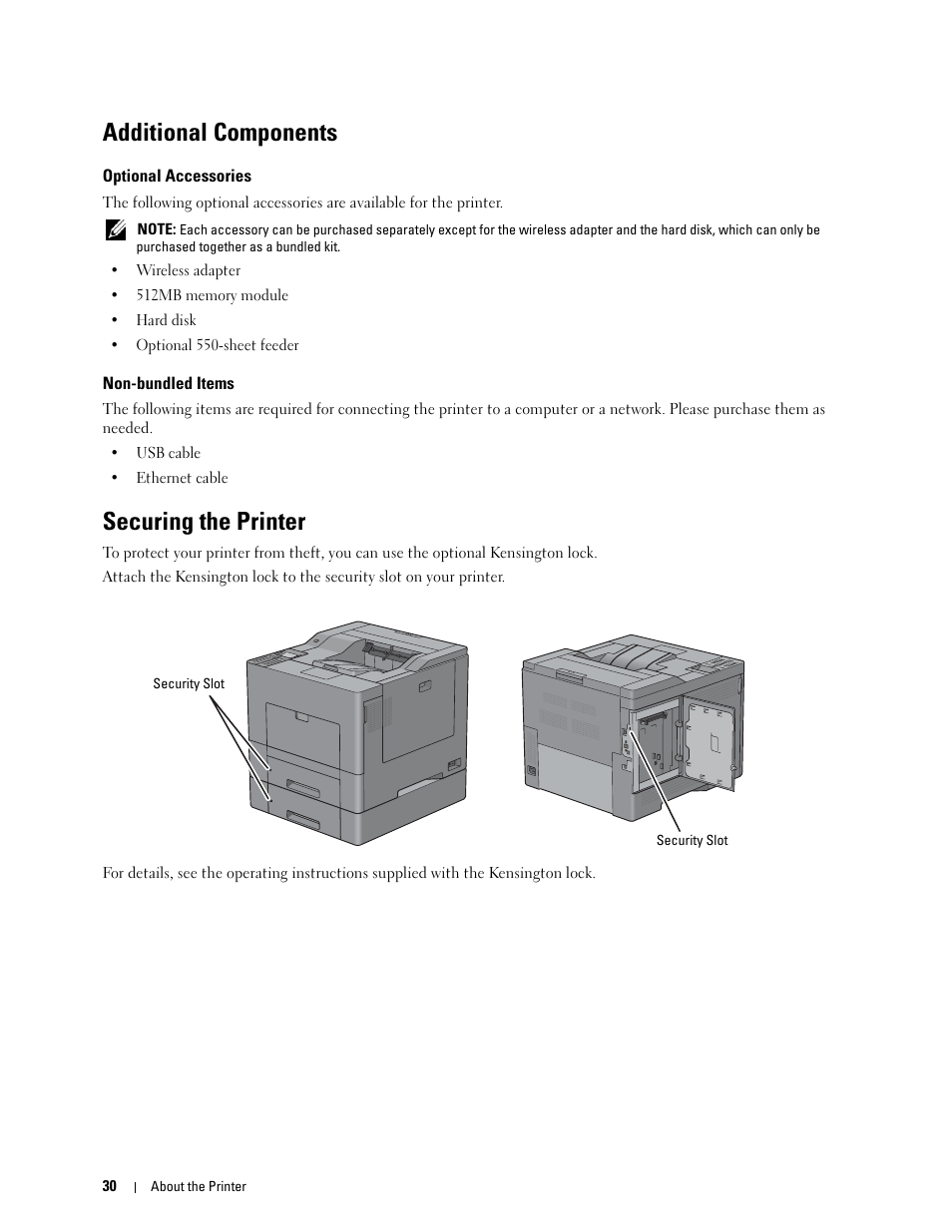 Additional components, Optional accessories, Non-bundled items | Securing the printer | Dell C3760n Color Laser Printer User Manual | Page 32 / 412