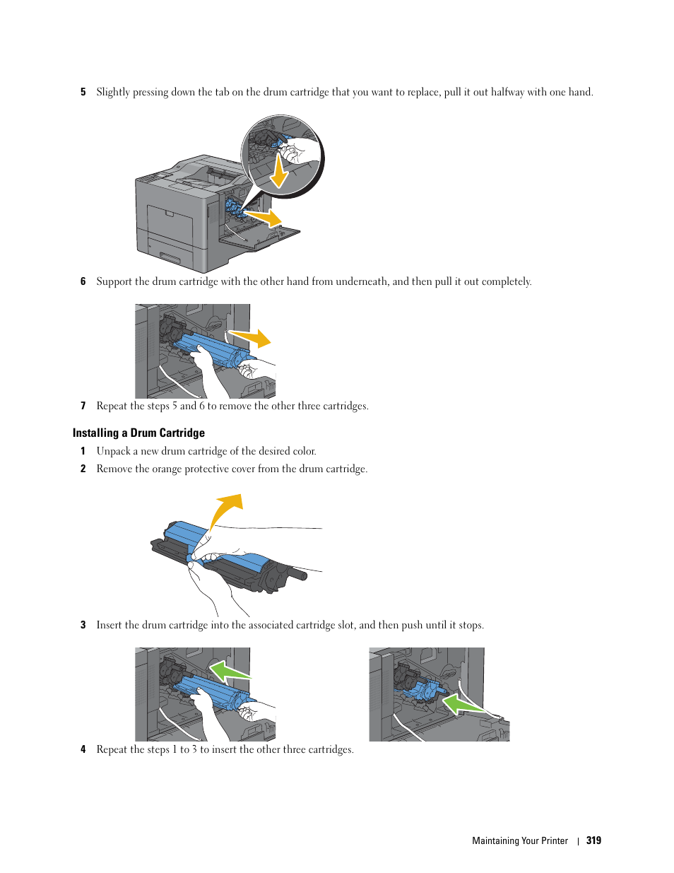 Installing a drum cartridge | Dell C3760n Color Laser Printer User Manual | Page 321 / 412