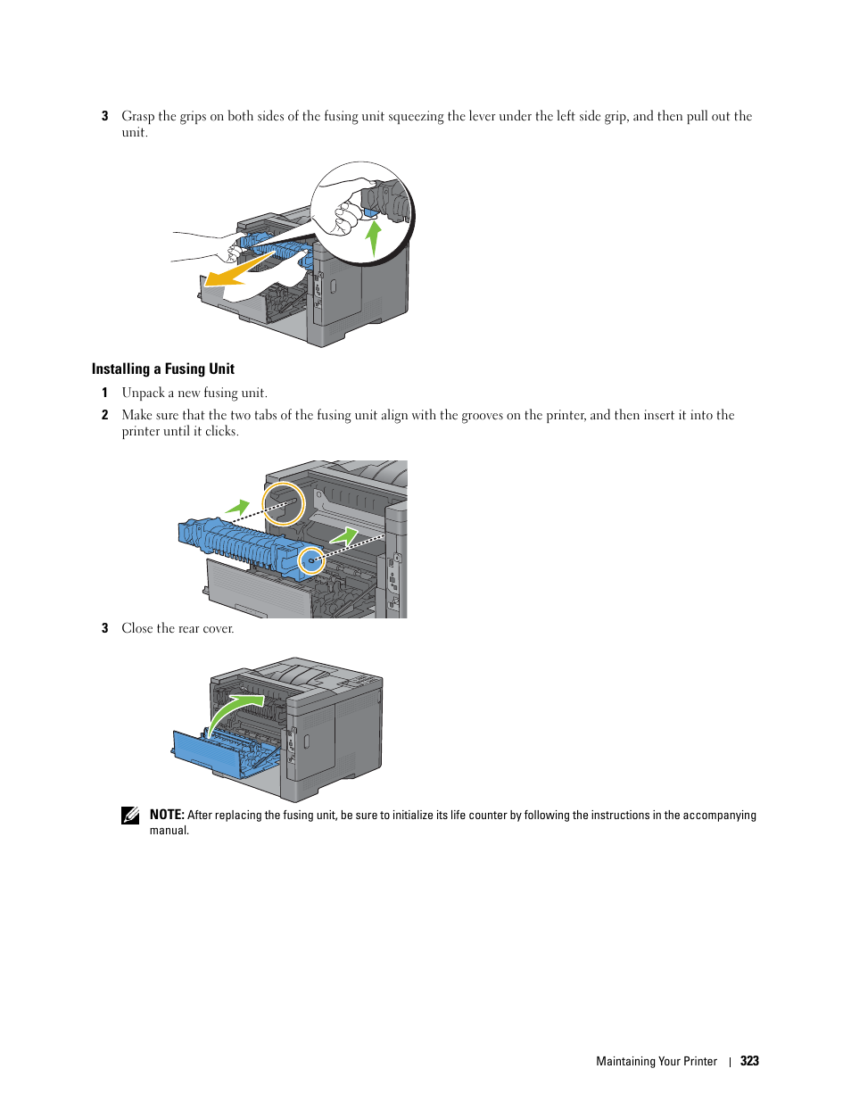 Installing a fusing unit | Dell C3760n Color Laser Printer User Manual | Page 325 / 412