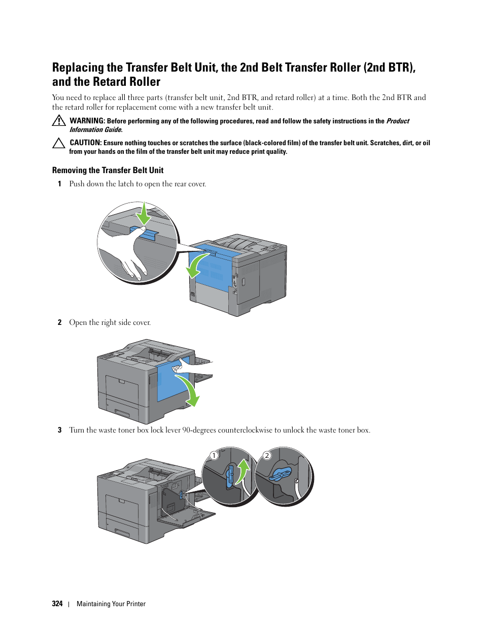 Removing the transfer belt unit, Btr), and the retard roller | Dell C3760n Color Laser Printer User Manual | Page 326 / 412