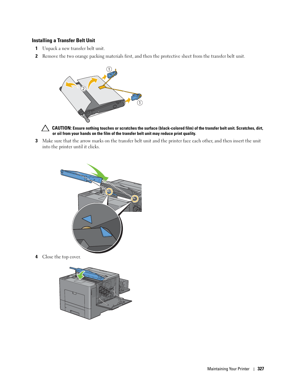Installing a transfer belt unit | Dell C3760n Color Laser Printer User Manual | Page 329 / 412