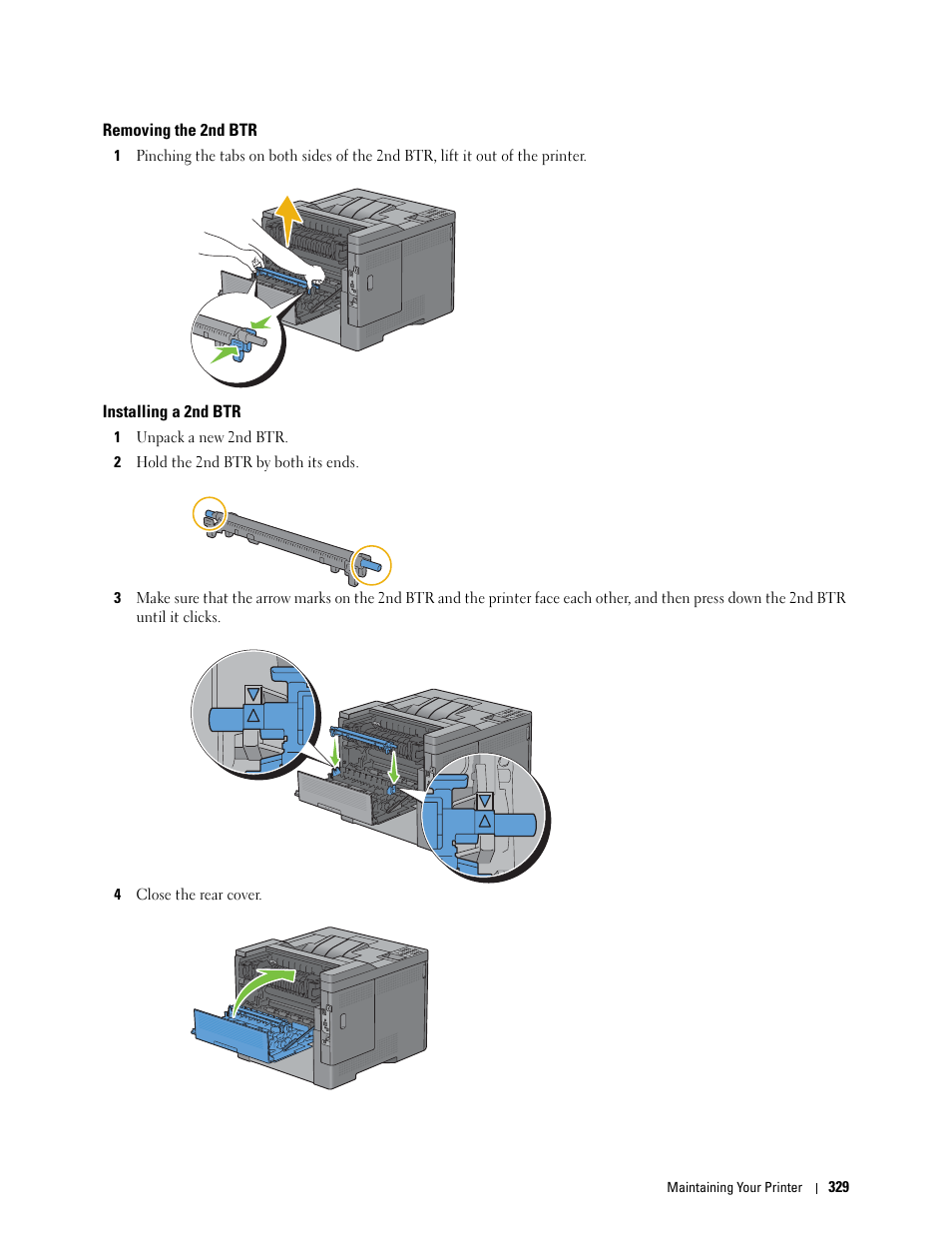 Removing the 2nd btr, Installing a 2nd btr | Dell C3760n Color Laser Printer User Manual | Page 331 / 412