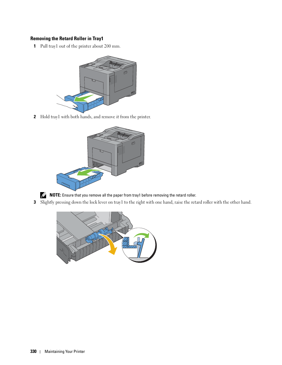 Removing the retard roller in tray1 | Dell C3760n Color Laser Printer User Manual | Page 332 / 412