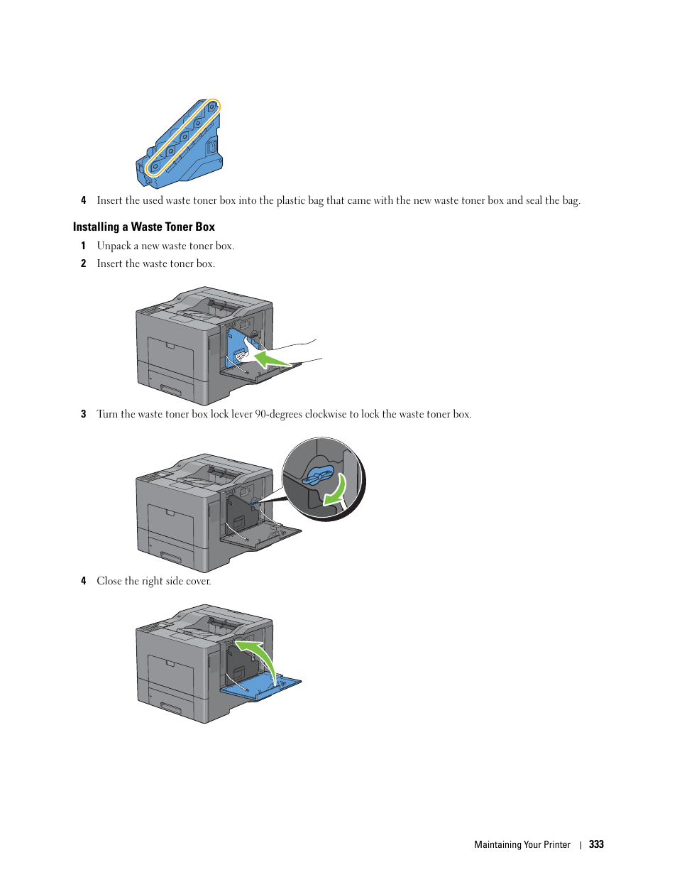 Installing a waste toner box | Dell C3760n Color Laser Printer User Manual | Page 335 / 412