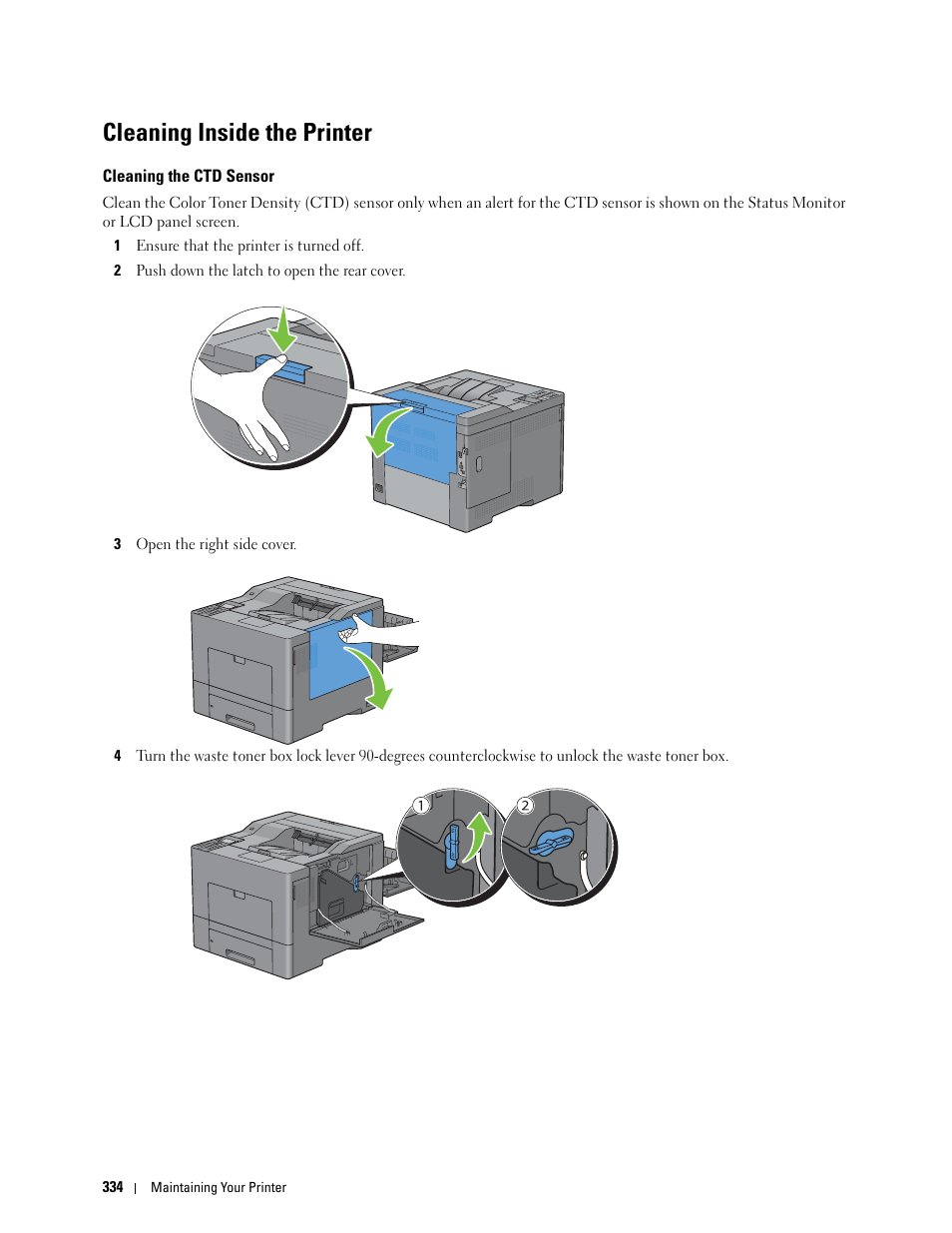 Cleaning inside the printer, Cleaning the ctd sensor | Dell C3760n Color Laser Printer User Manual | Page 336 / 412