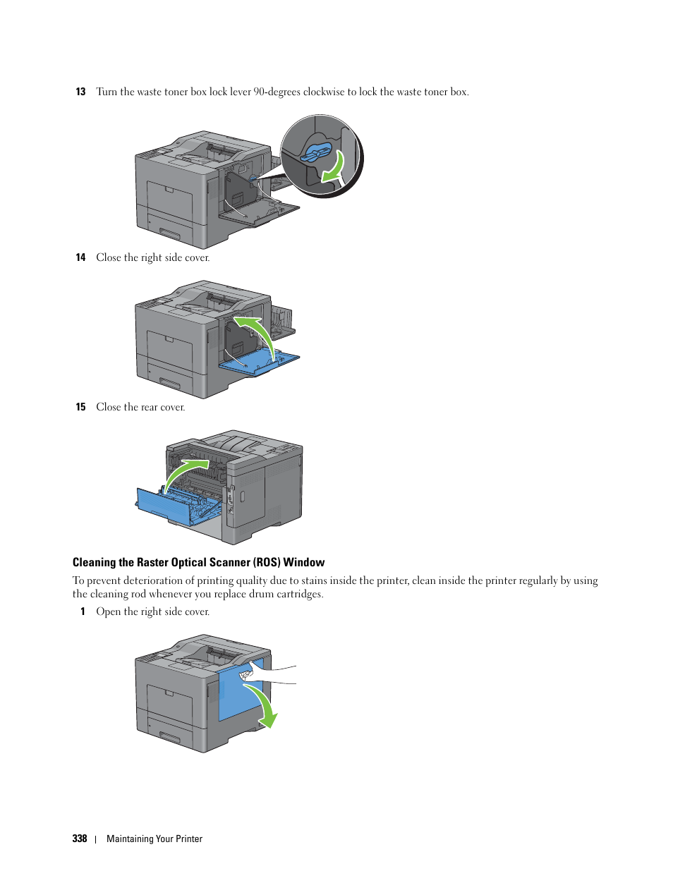 Cleaning the raster optical scanner (ros) window | Dell C3760n Color Laser Printer User Manual | Page 340 / 412