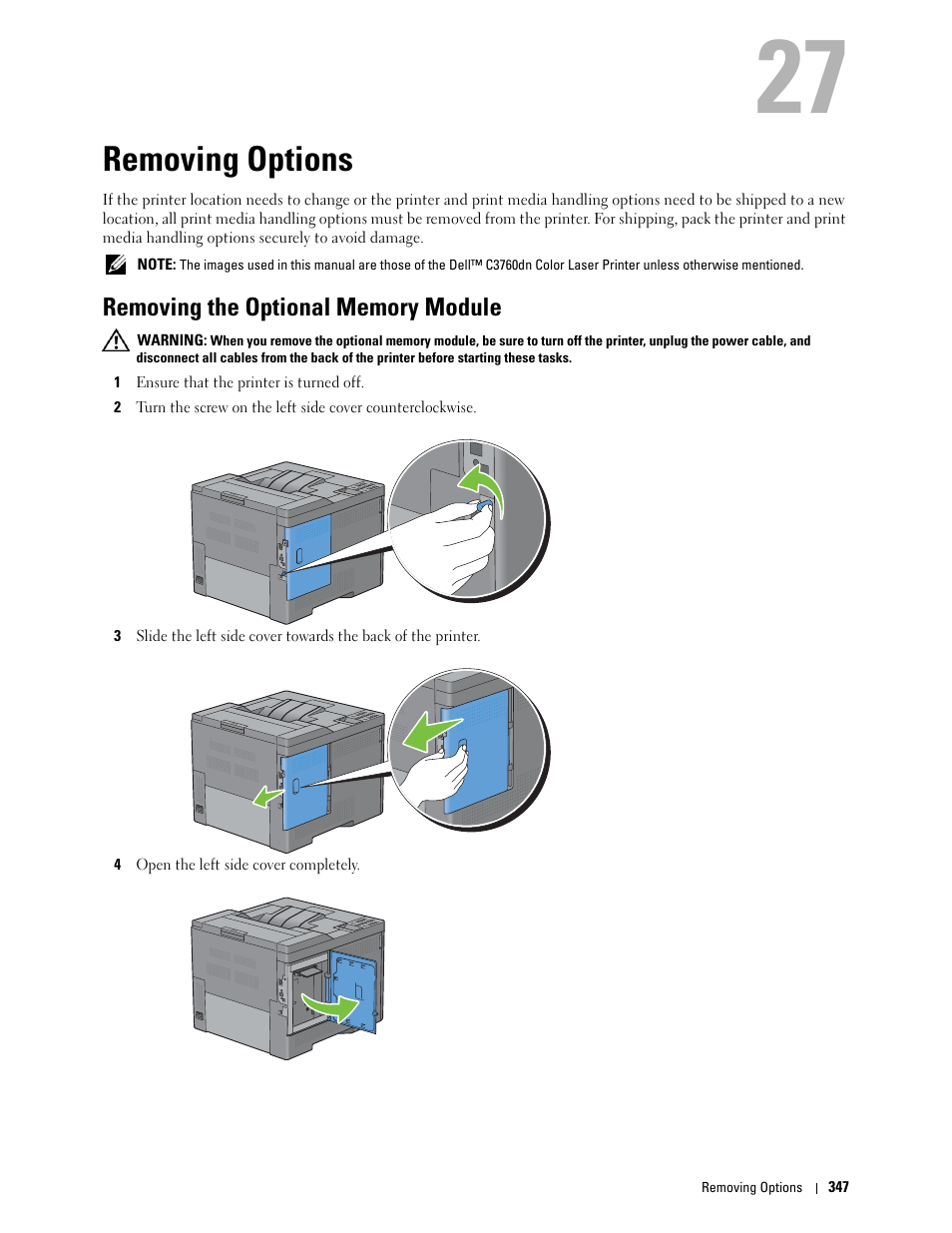 Removing options, Removing the optional memory module | Dell C3760n Color Laser Printer User Manual | Page 349 / 412