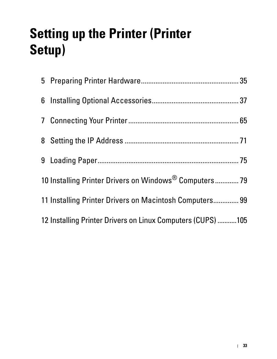 Setting up the printer (printer setup) | Dell C3760n Color Laser Printer User Manual | Page 35 / 412