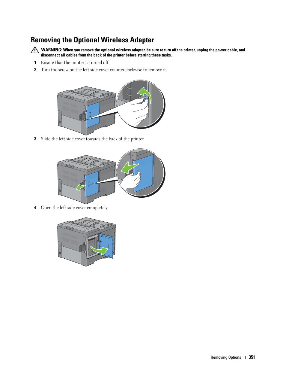 Removing the optional wireless adapter | Dell C3760n Color Laser Printer User Manual | Page 353 / 412