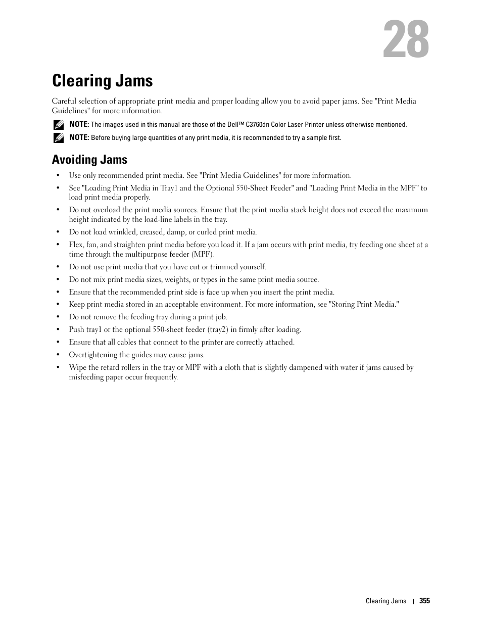 Clearing jams, Avoiding jams | Dell C3760n Color Laser Printer User Manual | Page 357 / 412
