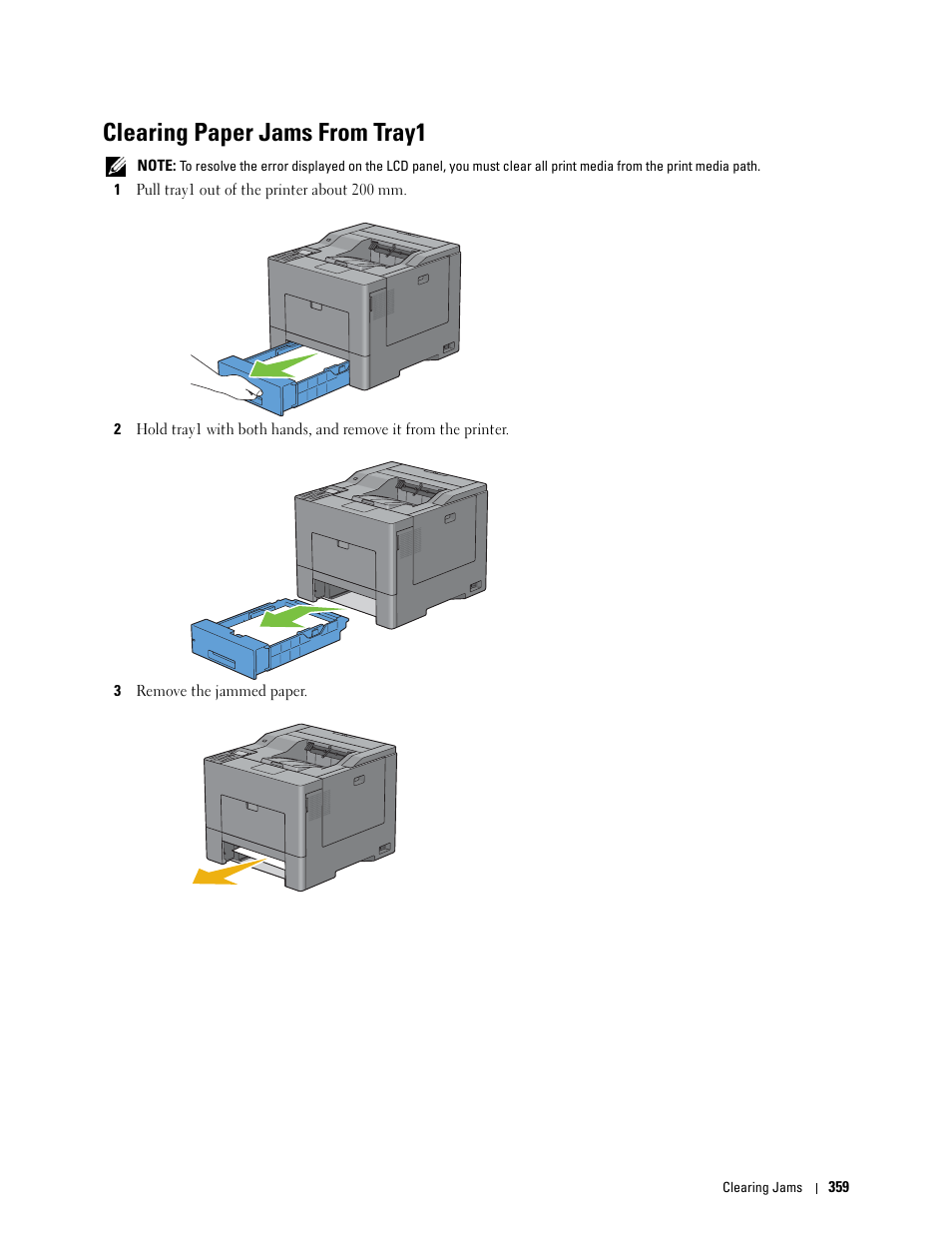 Clearing paper jams from tray1 | Dell C3760n Color Laser Printer User Manual | Page 361 / 412