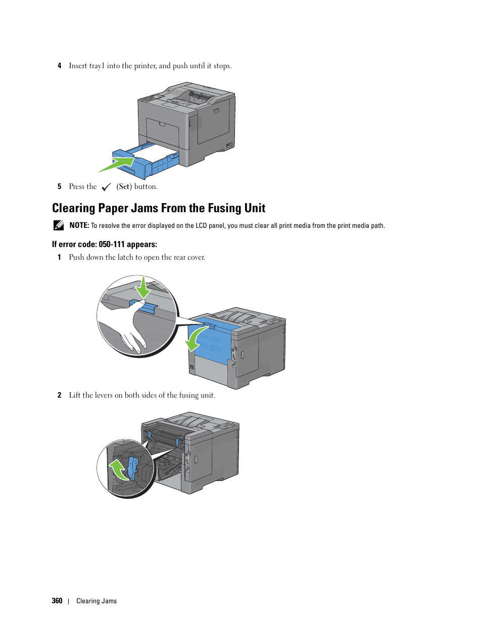 Clearing paper jams from the fusing unit, If error code: 050-111 appears | Dell C3760n Color Laser Printer User Manual | Page 362 / 412