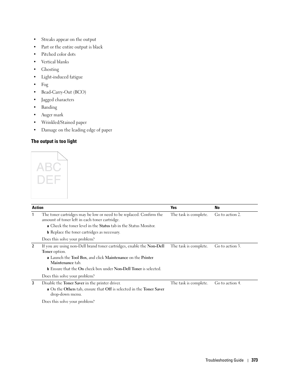 The output is too light | Dell C3760n Color Laser Printer User Manual | Page 375 / 412