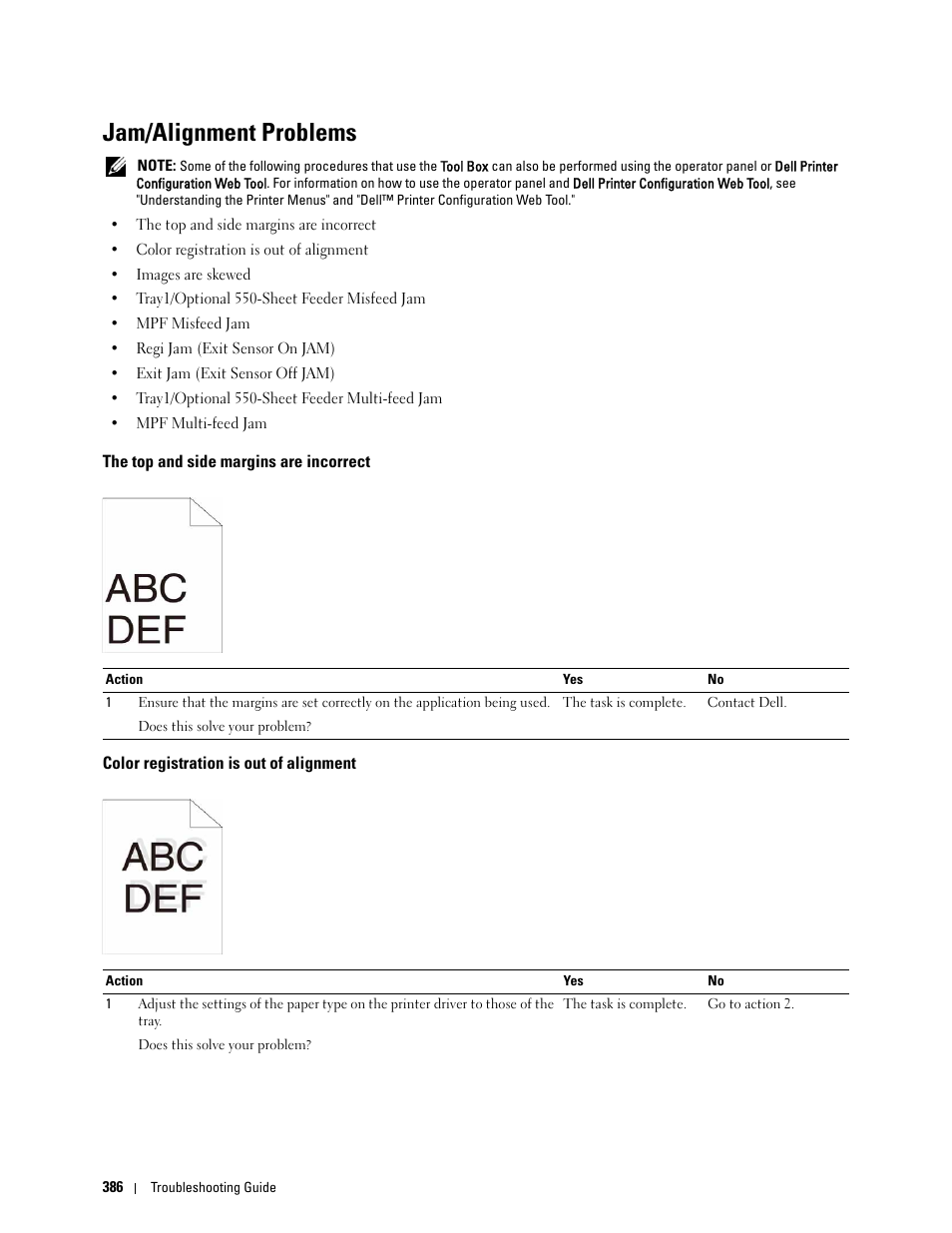 Jam/alignment problems, The top and side margins are incorrect, Color registration is out of alignment | Dell C3760n Color Laser Printer User Manual | Page 388 / 412