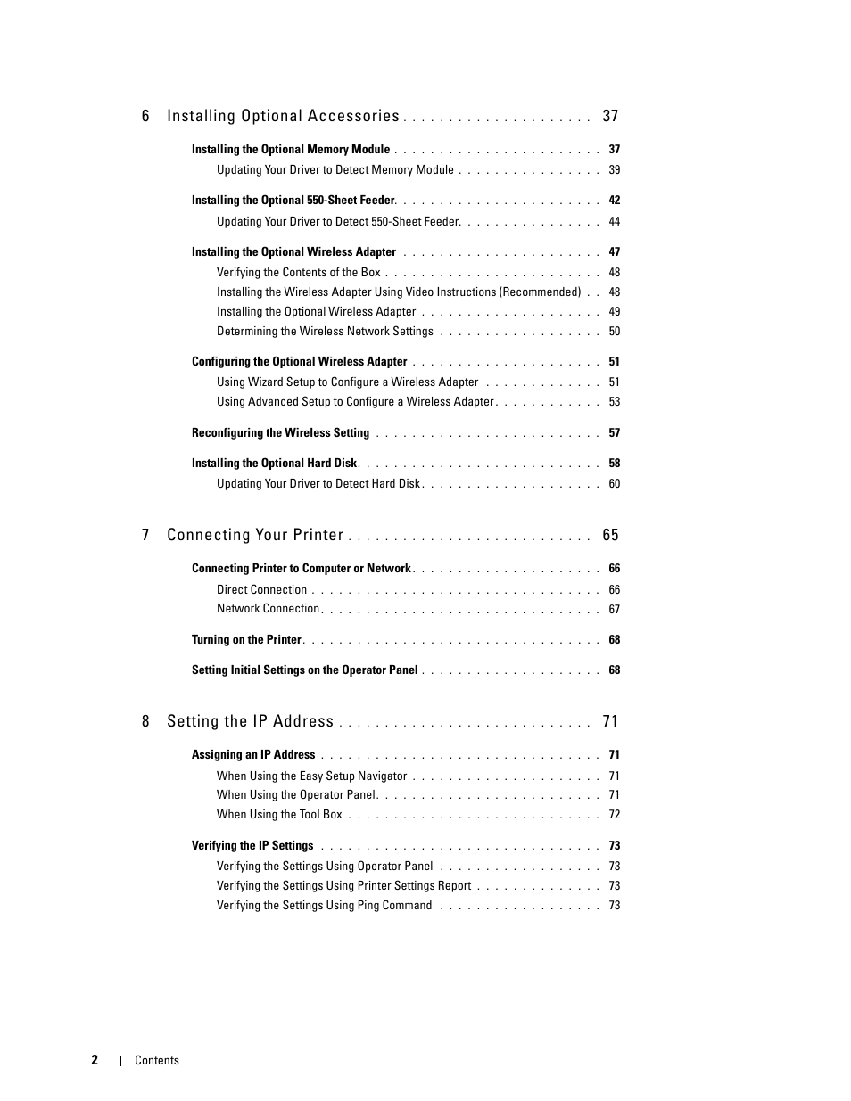 6 installing optional accessories 37, 7 connecting your printer 65, 8 setting the ip address 71 | 6 installing optional accessories, 7 connecting your printer, 8 setting the ip address | Dell C3760n Color Laser Printer User Manual | Page 4 / 412