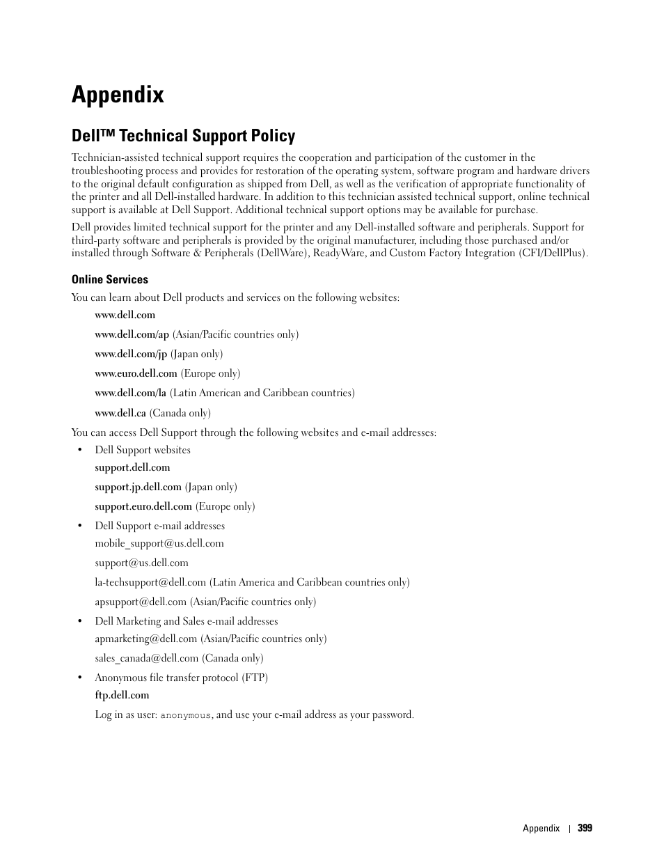 Appendix, Dell™ technical support policy, Online services | B appendix | Dell C3760n Color Laser Printer User Manual | Page 401 / 412