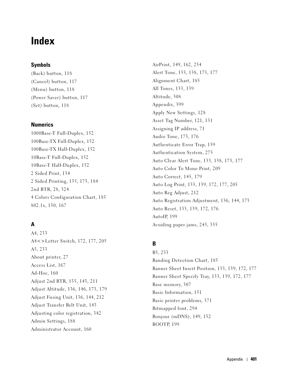 Index, Symbols, Numerics | Dell C3760n Color Laser Printer User Manual | Page 403 / 412