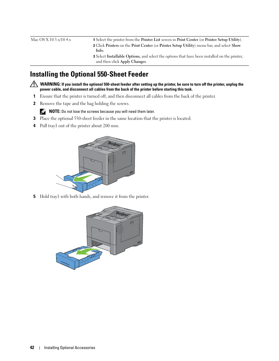 Installing the optional 550-sheet feeder | Dell C3760n Color Laser Printer User Manual | Page 44 / 412