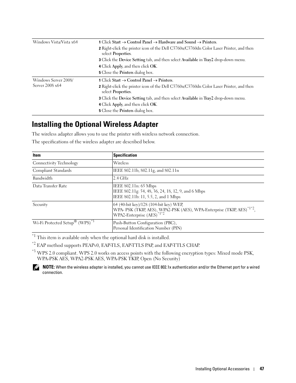 Installing the optional wireless adapter | Dell C3760n Color Laser Printer User Manual | Page 49 / 412
