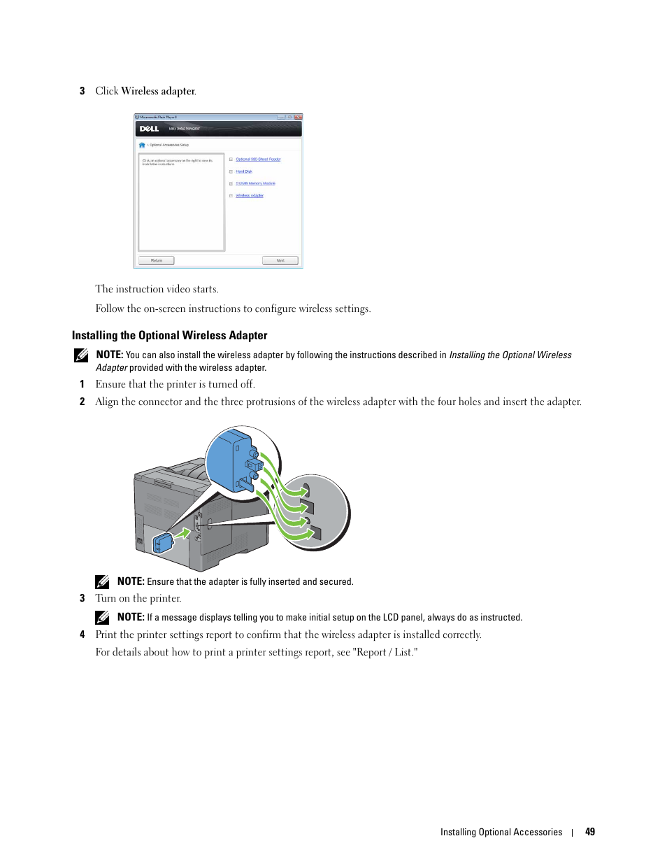 Installing the optional wireless adapter | Dell C3760n Color Laser Printer User Manual | Page 51 / 412