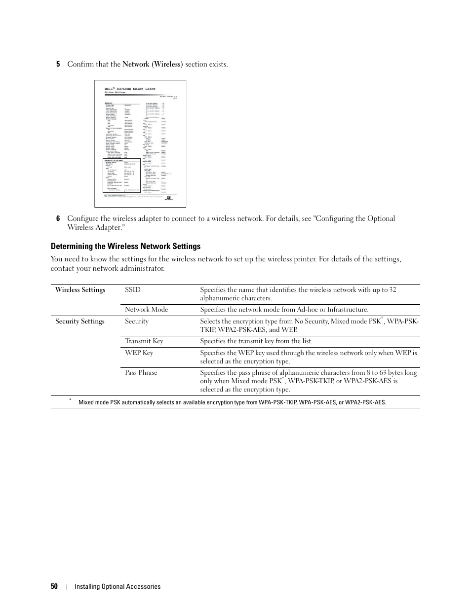 Determining the wireless network settings | Dell C3760n Color Laser Printer User Manual | Page 52 / 412