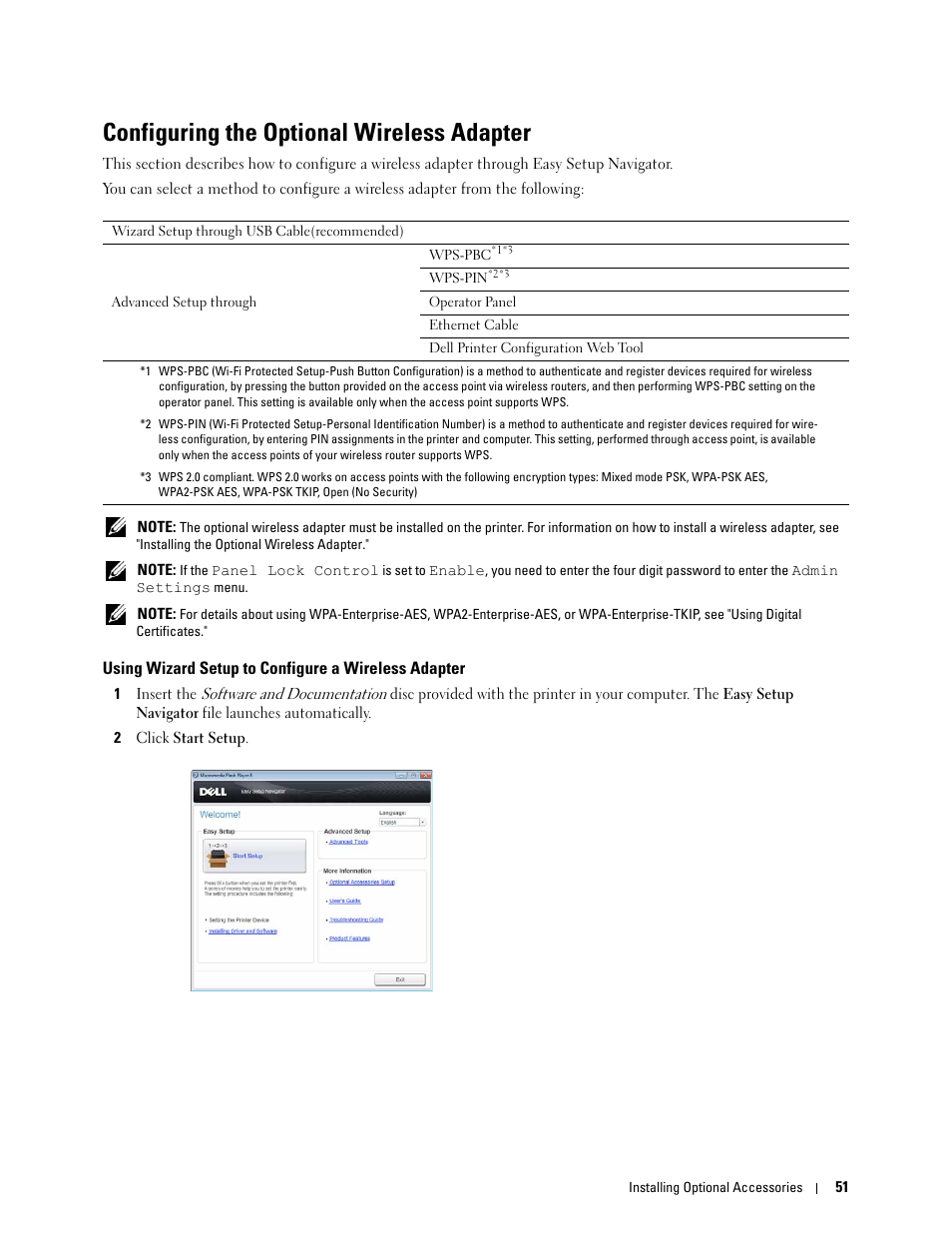 Configuring the optional wireless adapter, Using wizard setup to configure a wireless adapter | Dell C3760n Color Laser Printer User Manual | Page 53 / 412