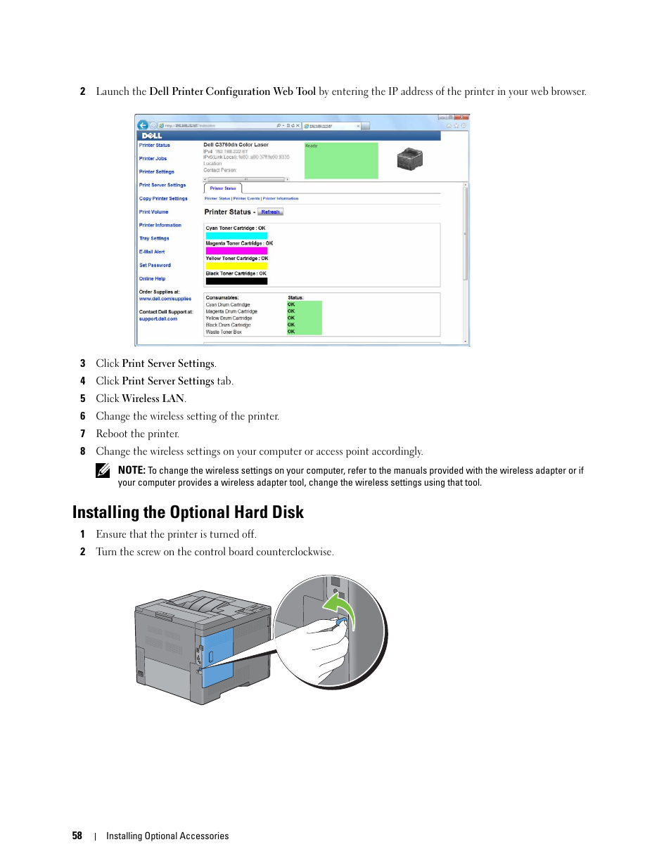 Installing the optional hard disk | Dell C3760n Color Laser Printer User Manual | Page 60 / 412