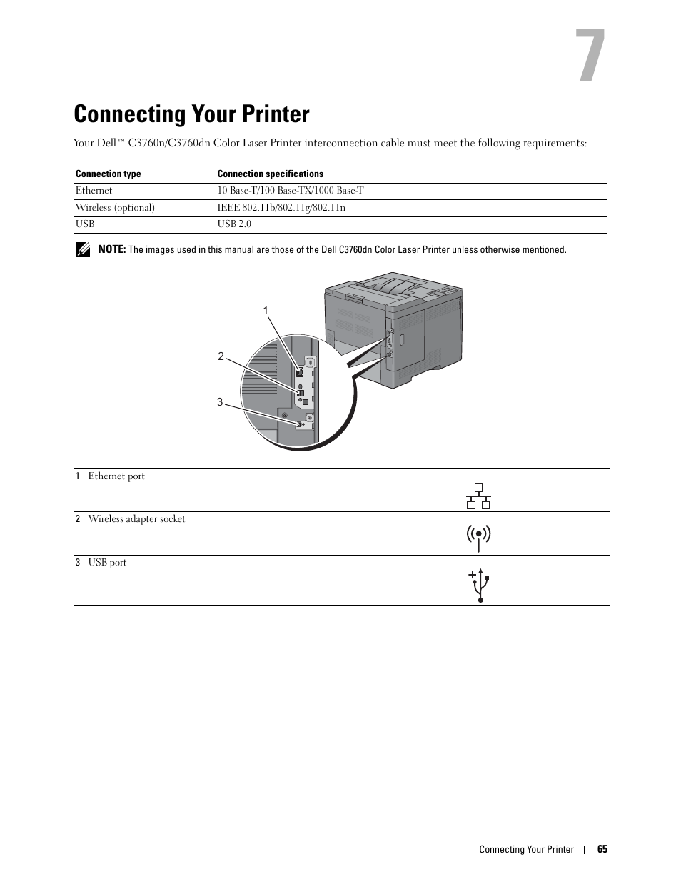 Connecting your printer, 7 connecting your printer | Dell C3760n Color Laser Printer User Manual | Page 67 / 412