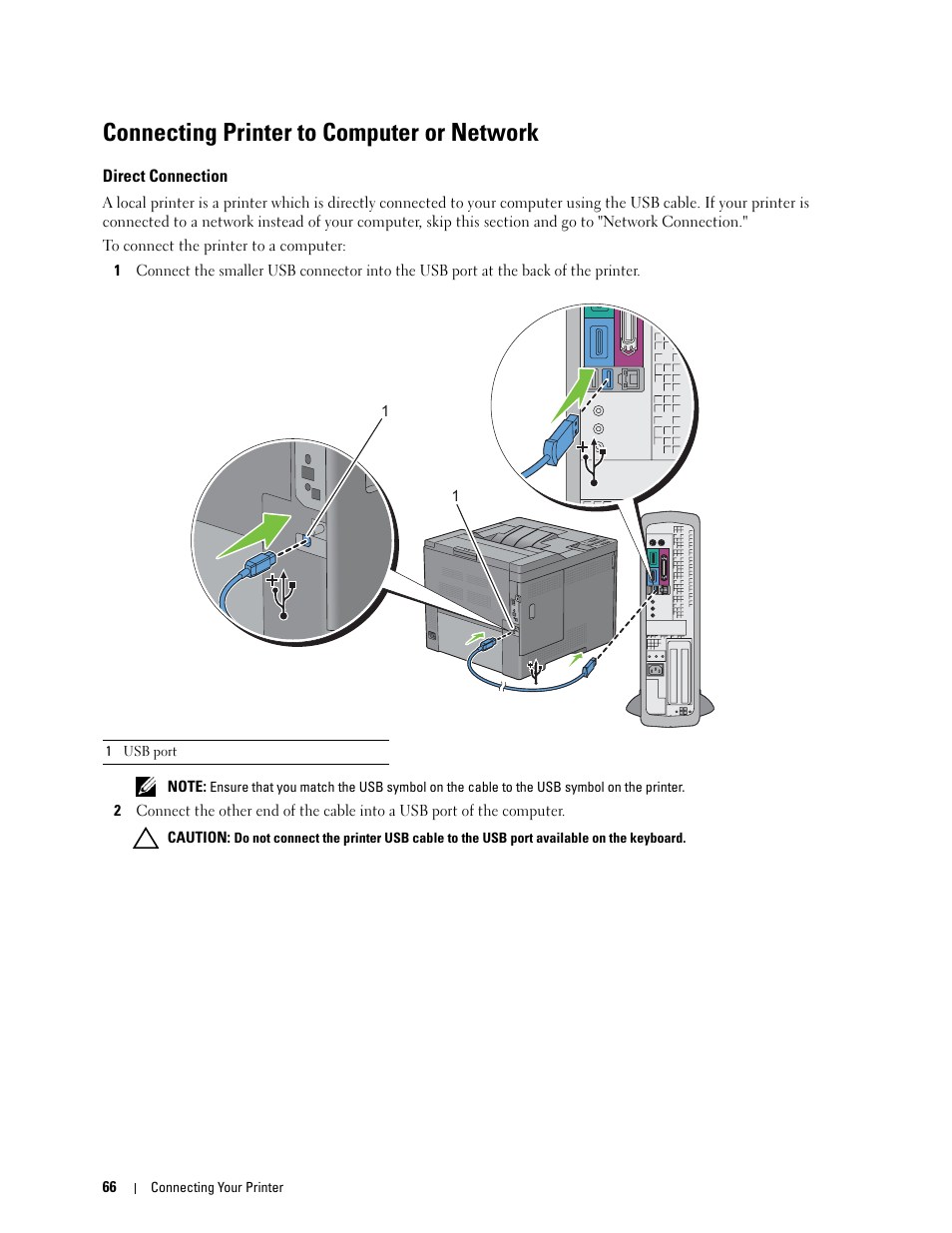 Connecting printer to computer or network, Direct connection | Dell C3760n Color Laser Printer User Manual | Page 68 / 412