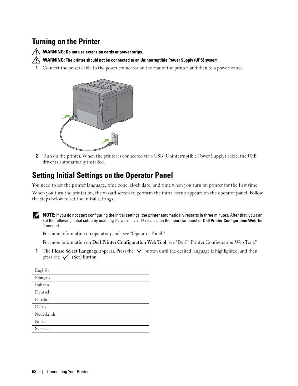 Turning on the printer, Setting initial settings on the operator panel | Dell C3760n Color Laser Printer User Manual | Page 70 / 412