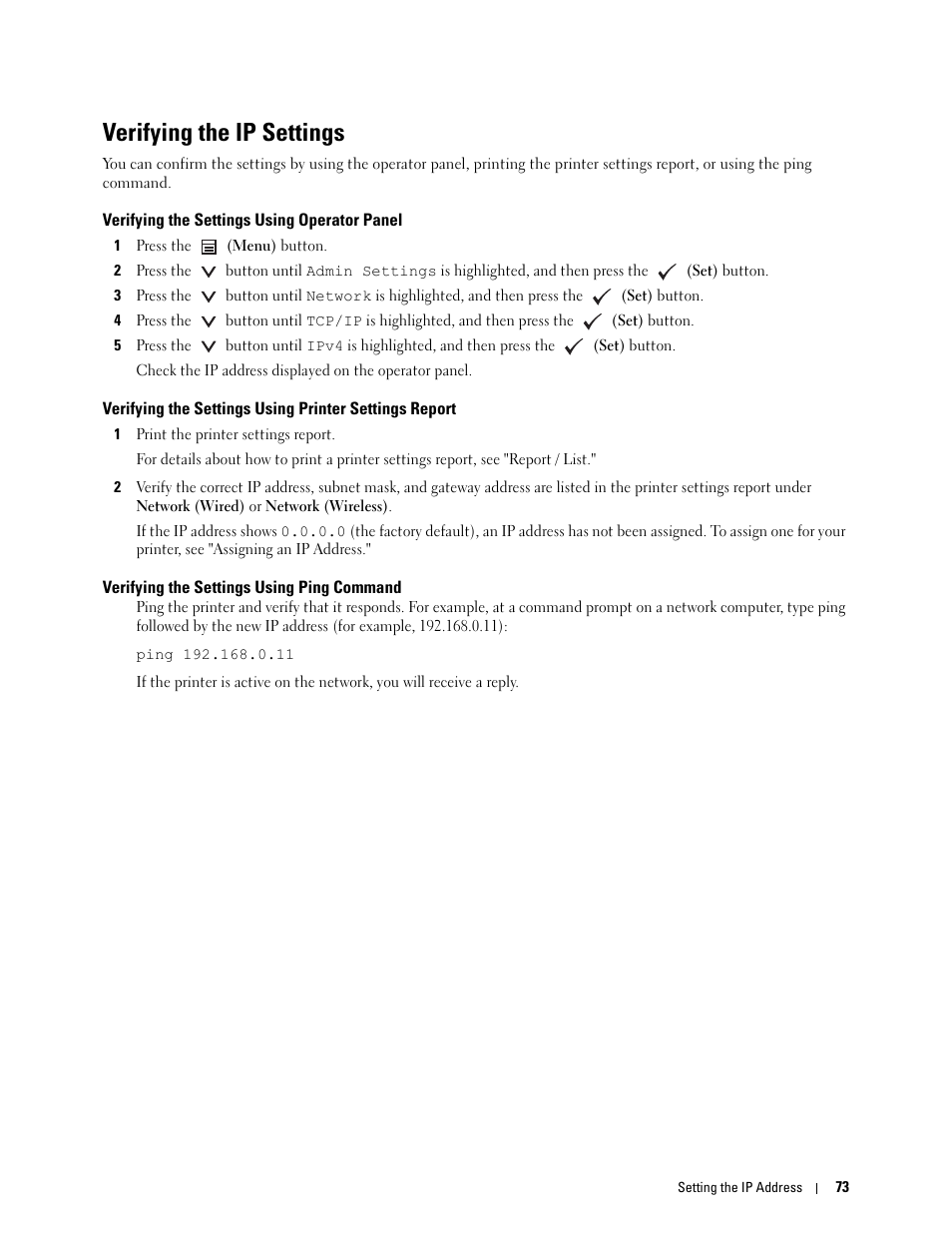 Verifying the ip settings, Verifying the settings using operator panel, Verifying the settings using ping command | See "verifying the ip settings | Dell C3760n Color Laser Printer User Manual | Page 75 / 412