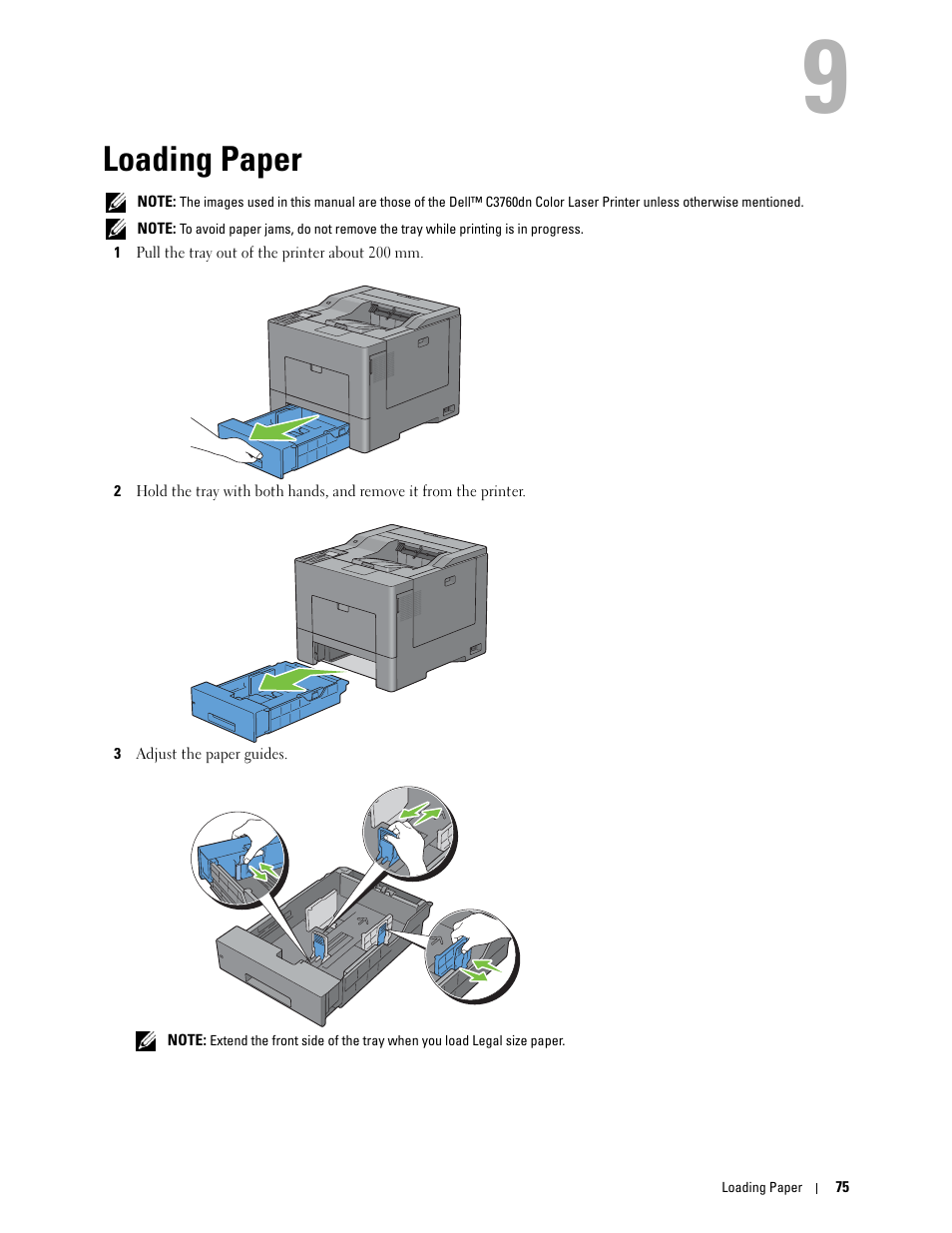 Loading paper, 9 loading paper | Dell C3760n Color Laser Printer User Manual | Page 77 / 412