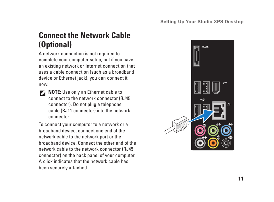 Connect the network cable (optional) | Dell Studio XPS 435 MT (Late 2008) User Manual | Page 13 / 70