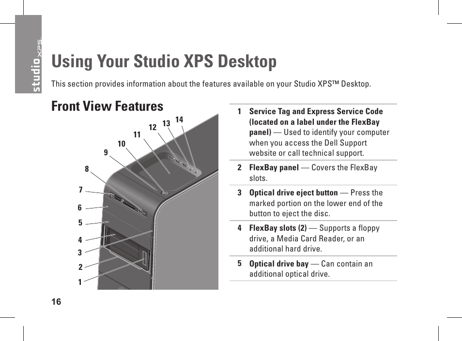 Using your studio xps desktop, Front view features | Dell Studio XPS 435 MT (Late 2008) User Manual | Page 18 / 70