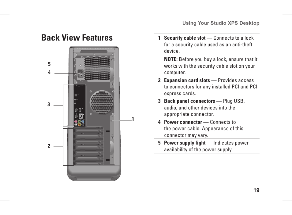 Back view features | Dell Studio XPS 435 MT (Late 2008) User Manual | Page 21 / 70