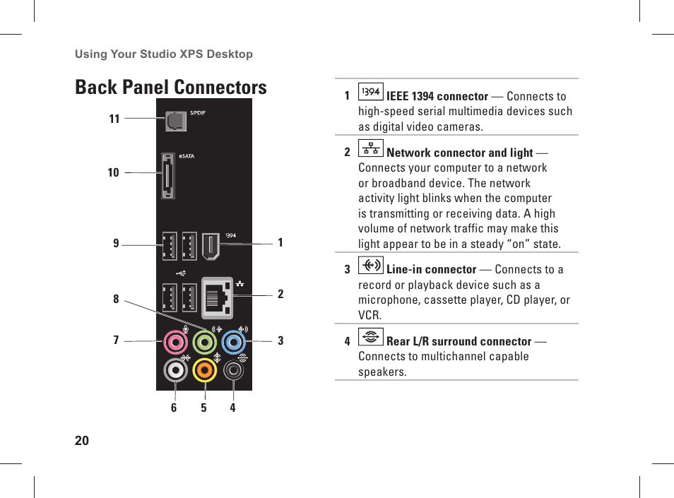 Back panel connectors | Dell Studio XPS 435 MT (Late 2008) User Manual | Page 22 / 70