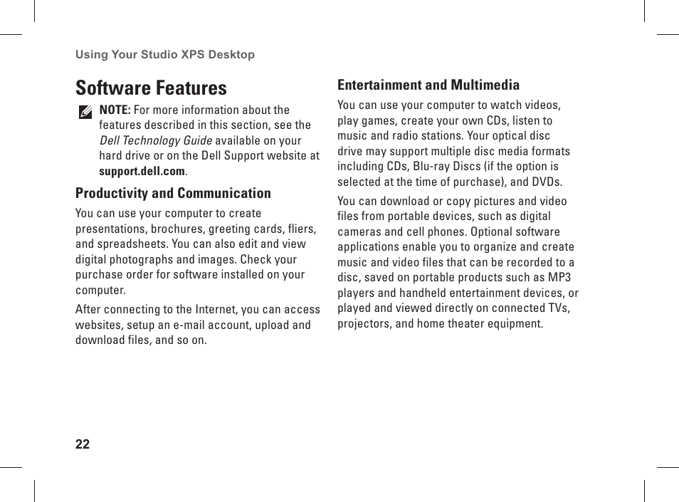 Software features | Dell Studio XPS 435 MT (Late 2008) User Manual | Page 24 / 70